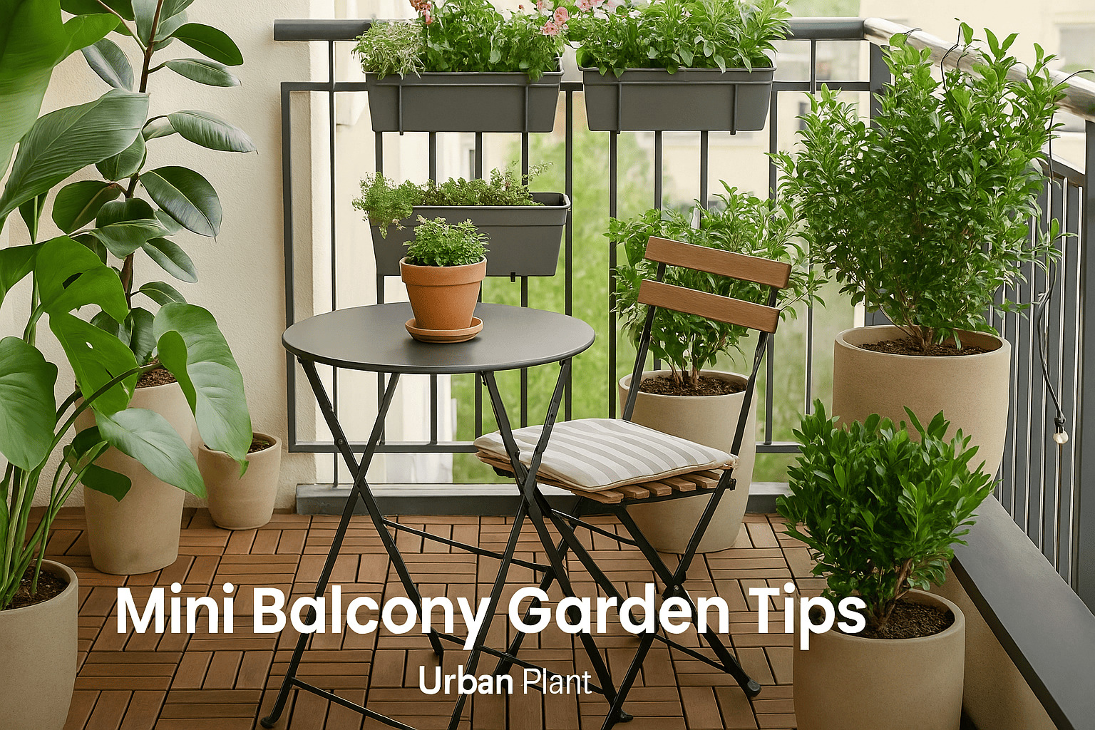 Small urban balcony garden setup with compact table, potted herbs, railing planters, and minimal seating — practical mini balcony gardening tips by Urban Plant